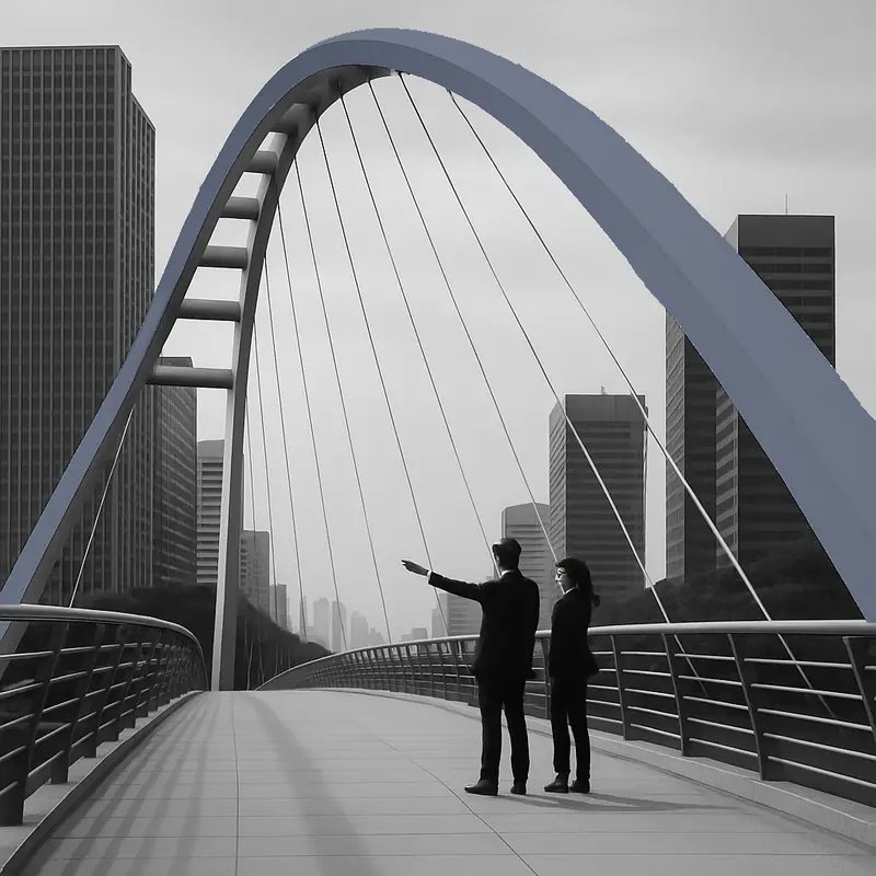 Zwei Personen auf einer modernen Bogenbrücke, eine zeigt in die Ferne