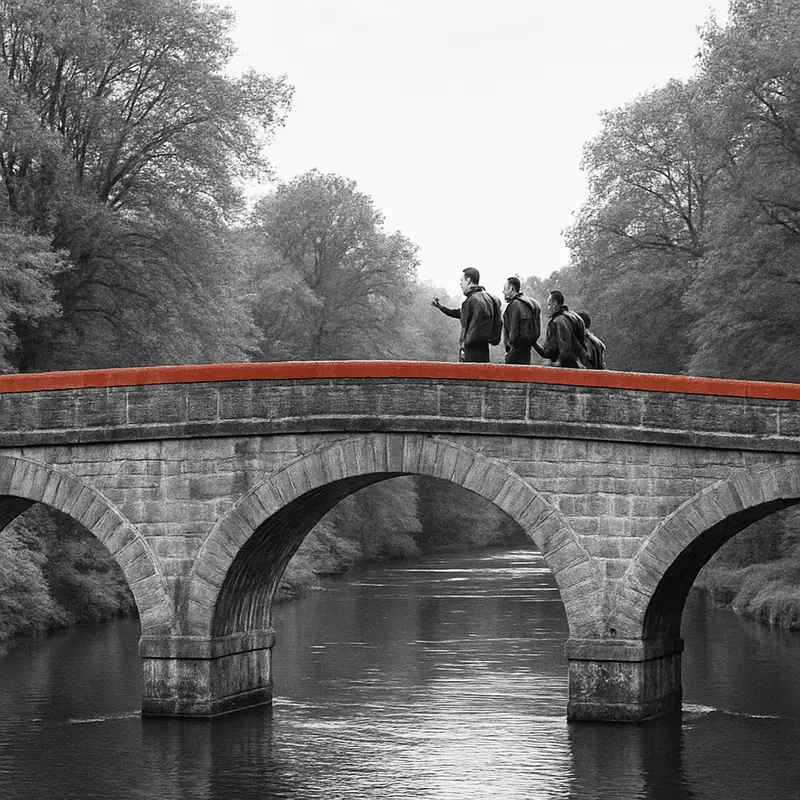 Eine Gruppe auf einer steinernen Bogenbrücke über einen Fluss