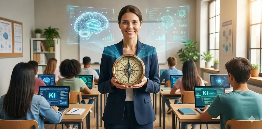 Eine Lehrerin mit Kompass in der Hand steht vor ihrer Klasse